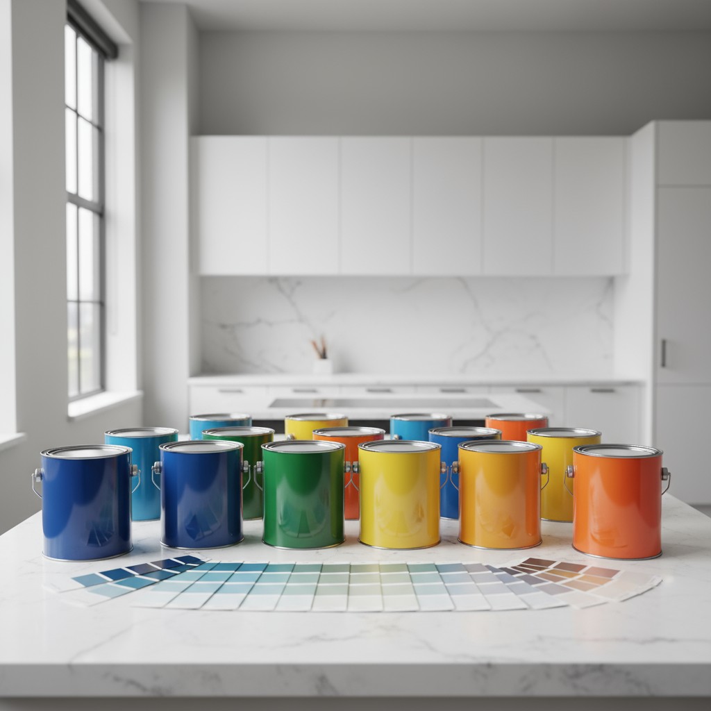 Fourteen half-full paint cans in various colors are arranged on a white marble table, with a palette of different colors v...